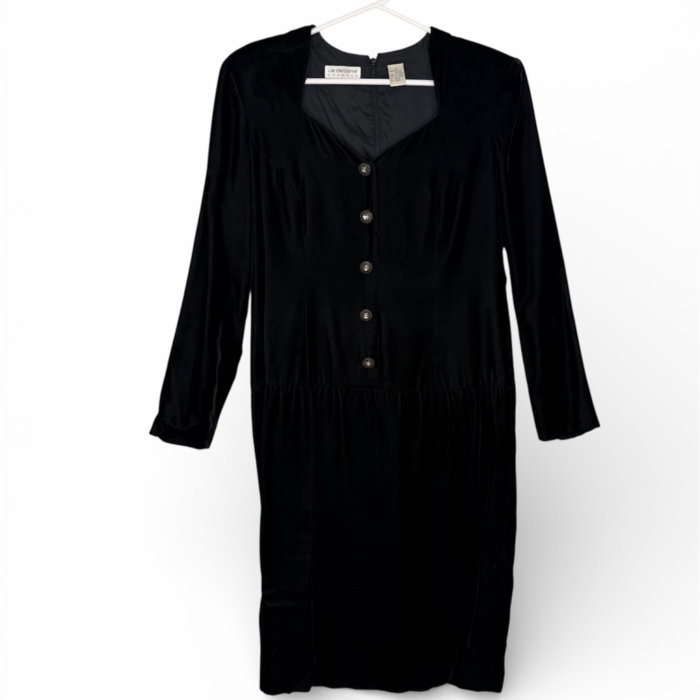 Vintage Liz Claiborne Black Velour Long Sleeve Dress size 8